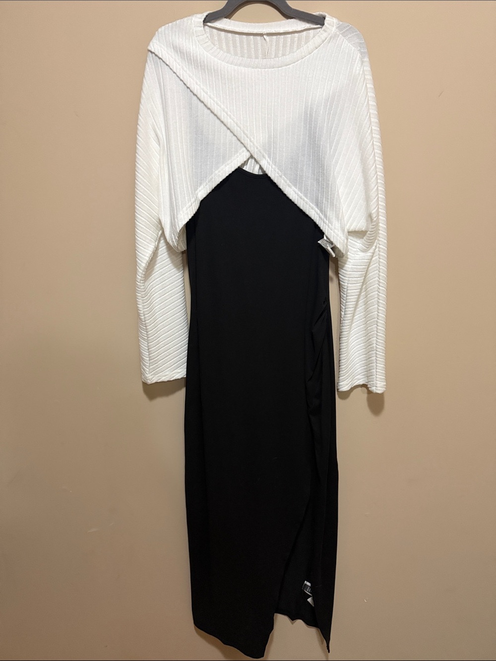 SHEIN Black Maxi Dress with White Ribbed Shrug